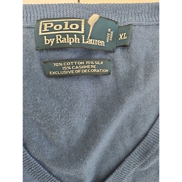 Polo Ralph Lauren V Neck Sweater Mens XL Blue Cotton Silk Cashmere Blend - Picture 2 of 4